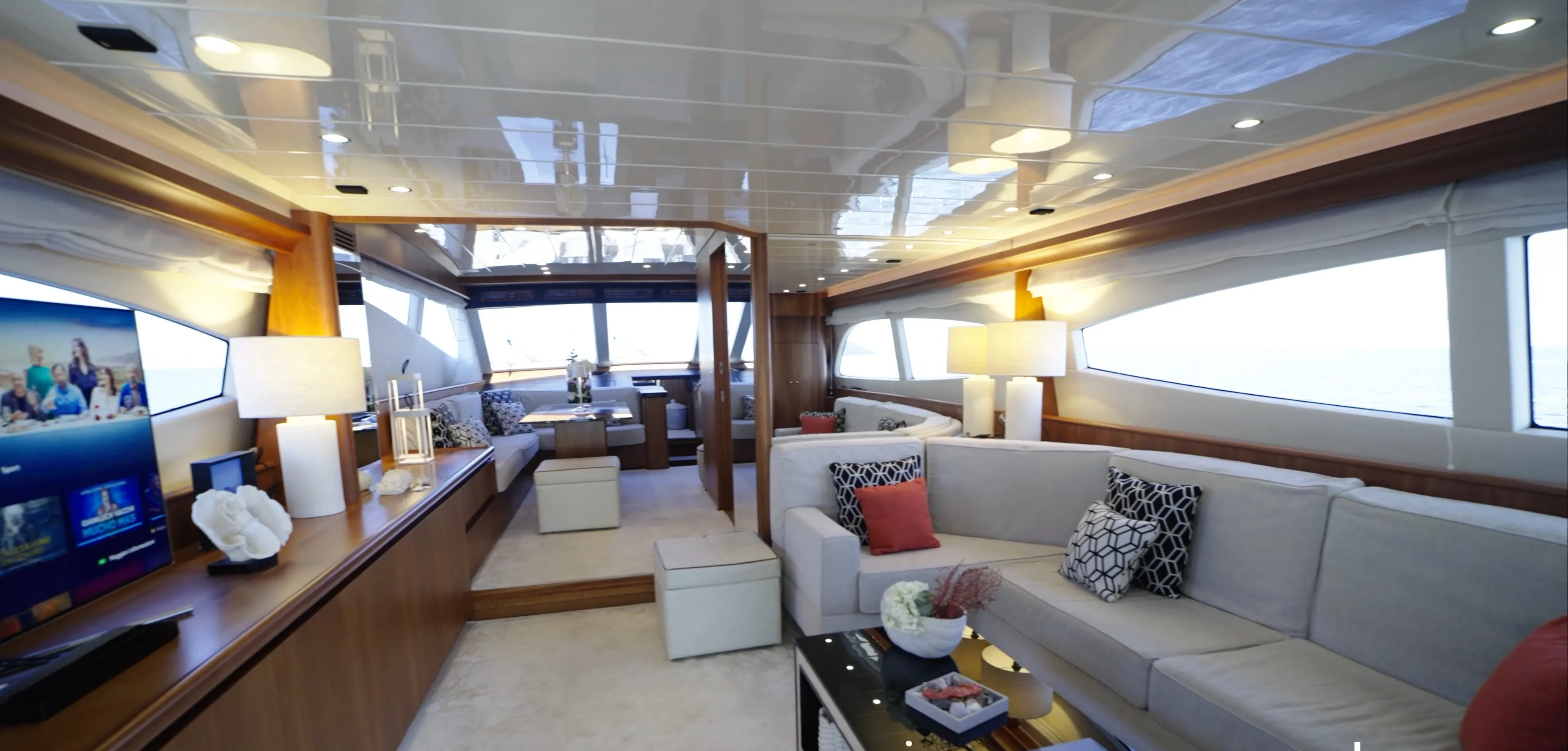 The salon, windows on both sides, seen looking aft