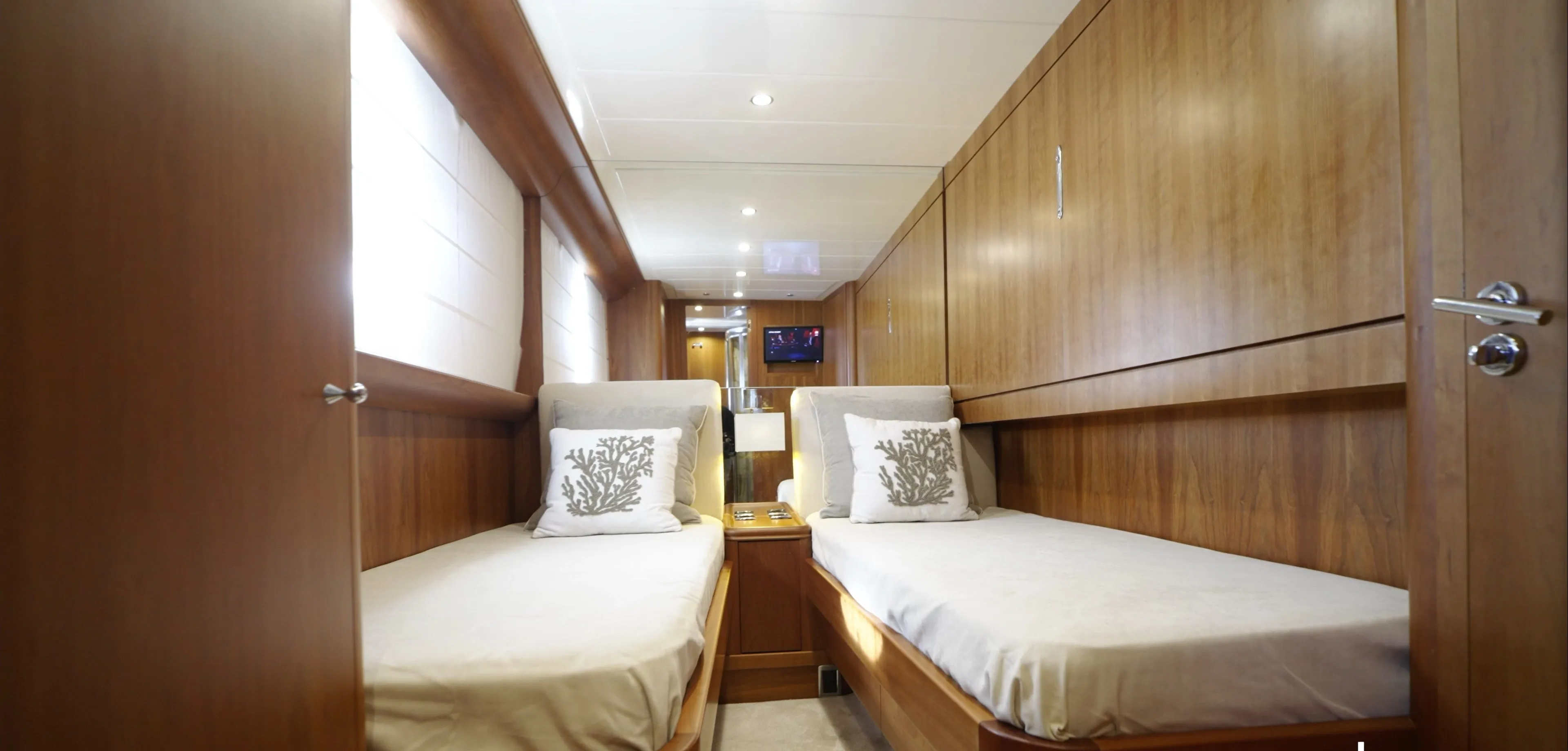 The Stromboli suite, two single berths made up along either side of the cabin