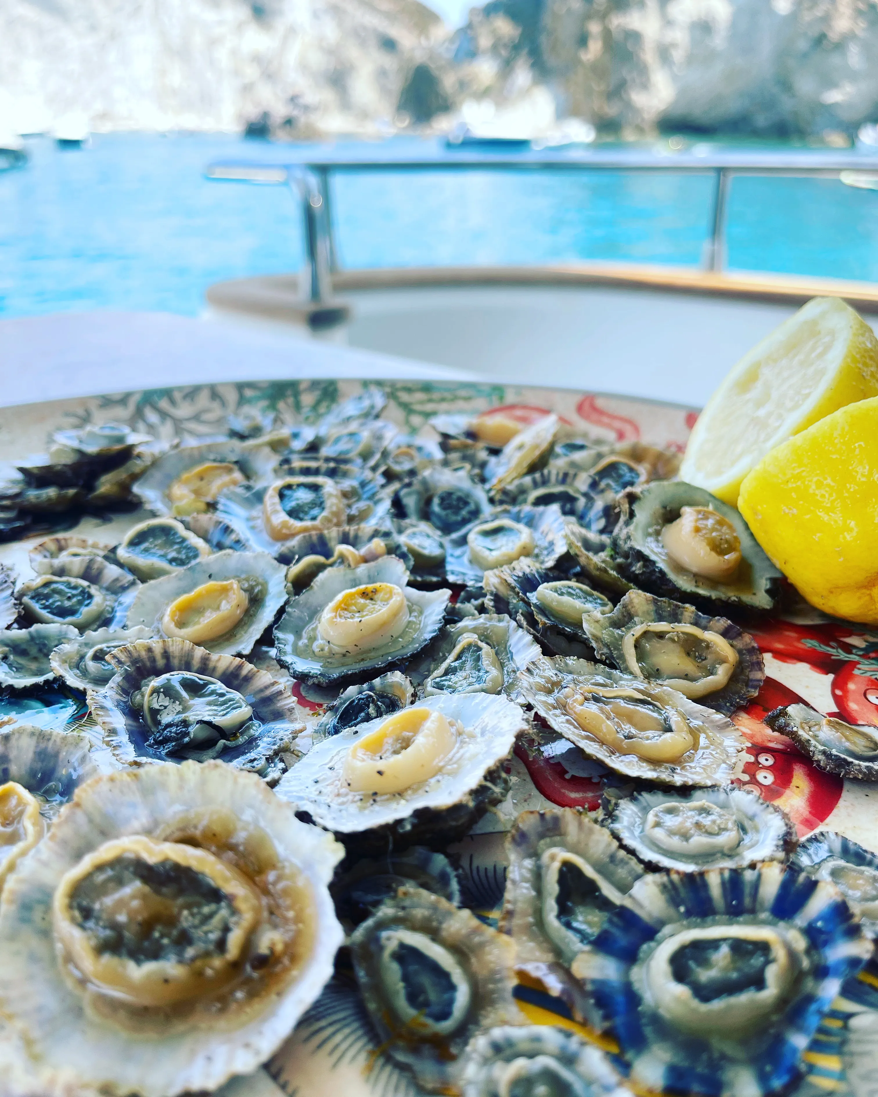 A plate of limpets and lemon on the aft deck table